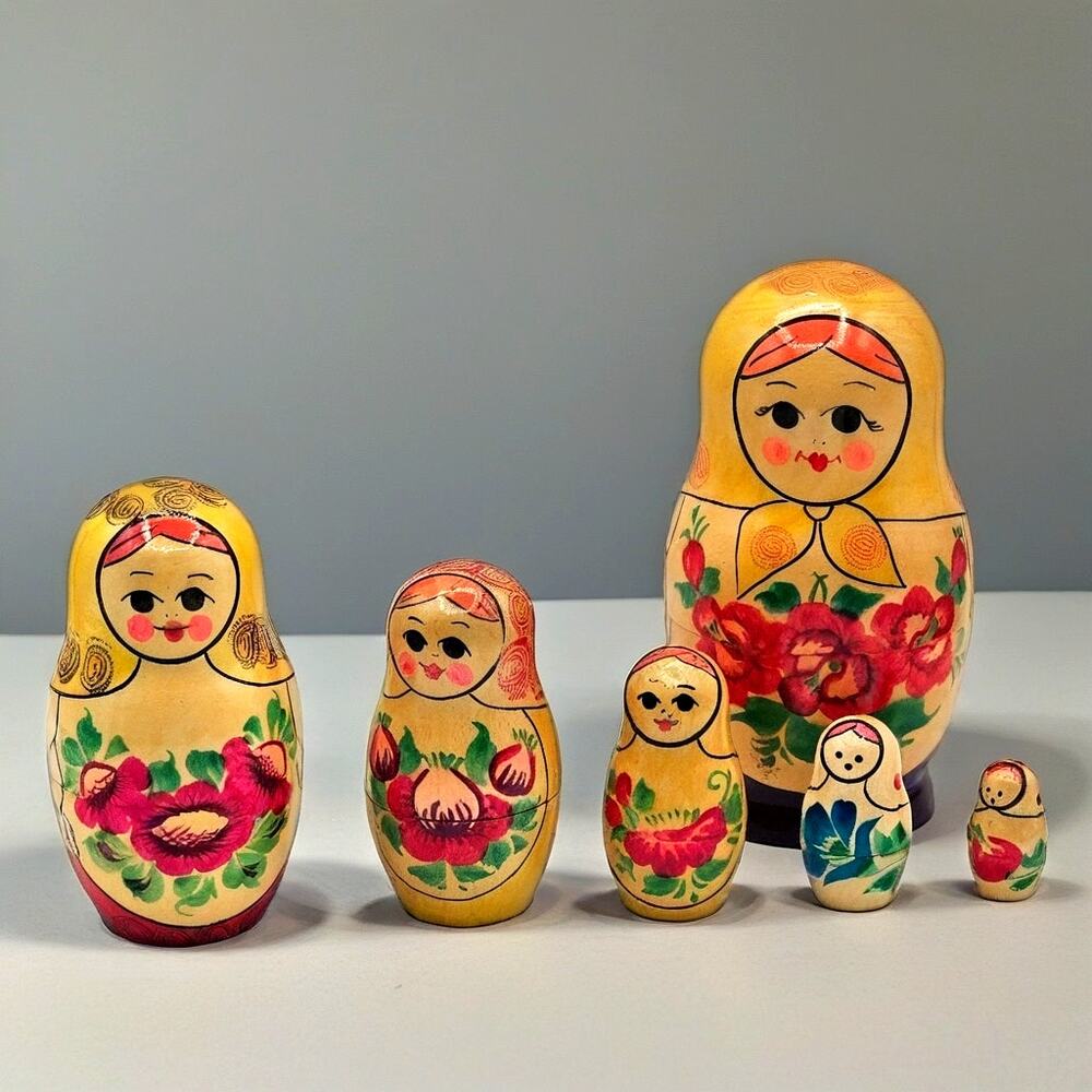 Hand Painted Wooden Nesting Dolls Set Of 6 Folk Art Floral Russian Style